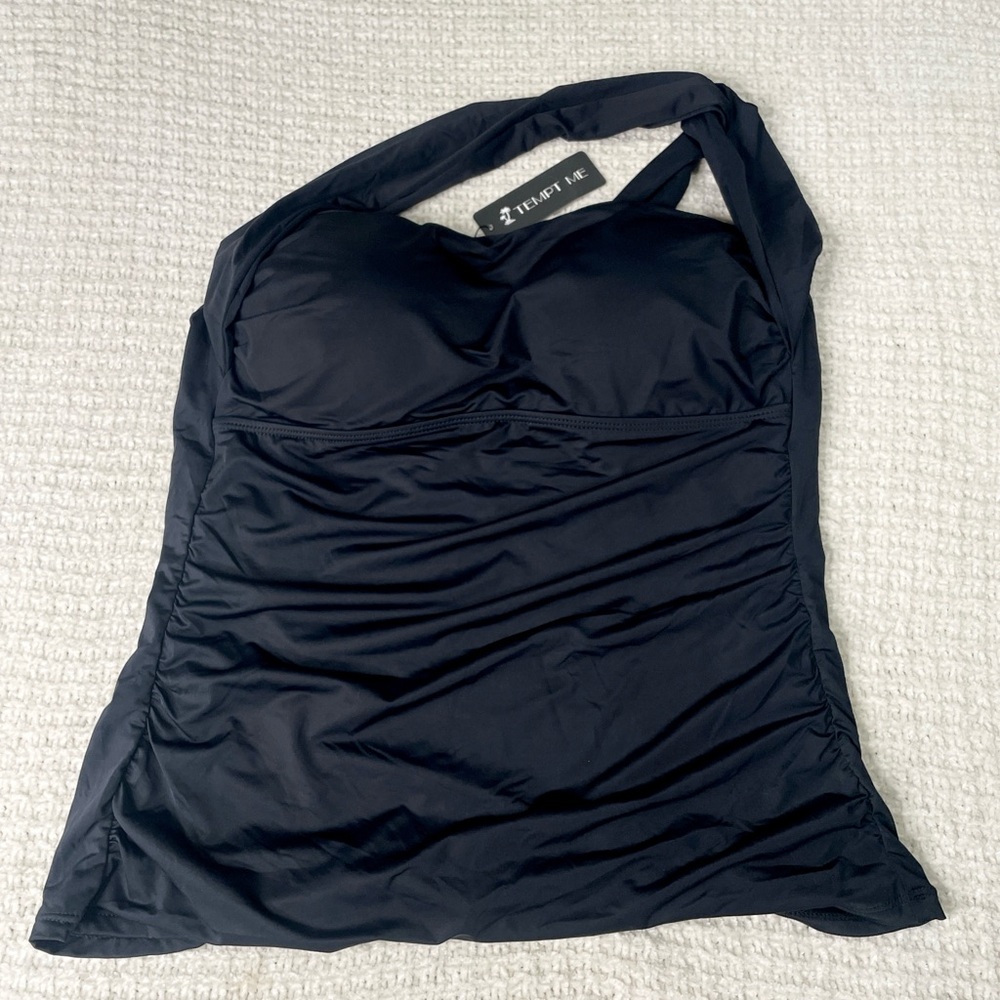 Y2K Tempt Me Ruched Black Halter Tankini Top - Ruched Swimwear BNWT XL - Picture 2 of 9